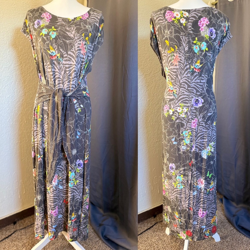 JOHNNY WAS Zippy Tie Front Midi Dress Boho Knit Floral Birds Resort Women's XL